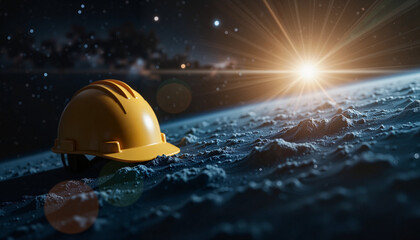 Planet with a construction helmet in outer space, cosmic creativity