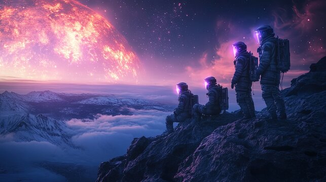 A space exploration team analyzing rock samples from an alien planet, with advanced scientific equipment and glowing data