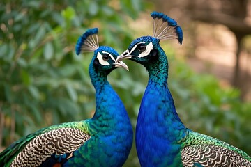 peacocks in blue and green plumage facing each other. Suitable for nature, wildlife, and birdthemed designs and projects.