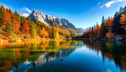 Obraz premium mountain landscape during autumn, with a clear lake reflecting the 
