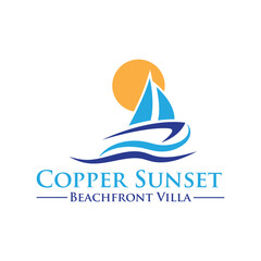 Yacht Sunset Logo displays a luxury yacht sailing into a vibrant sunset, symbolizing leisure, elegance, and escape—ideal for travel brands, yacht charters, or vacation services.