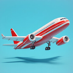 Bright Red and White Passenger Airplane Taking Off Against Blue Sky