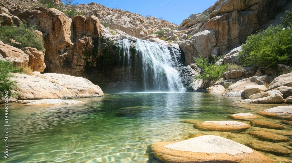 Aufkleber Serene waterfall cascading into a pristine pool surrounded by rocks and desert vegetation under a vibrant blue sky.