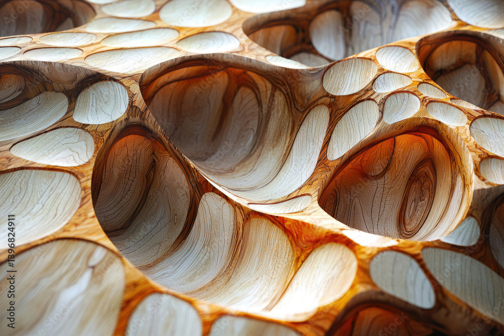 Poster an abstract design featuring a carved wood texture with smooth, cavernous hollows and interconnected