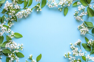 Fototapeta premium Delicate white blossoms frame a serene pastel blue background, creating a peaceful spring scene full of blossoming beauty and gentle freshness.