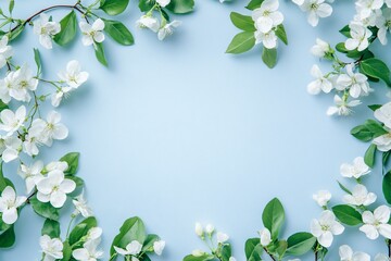 Fototapeta premium Delicate white blossoms frame a serene pastel blue background, a gentle springtime scene of blossoming branches and peaceful serenity.