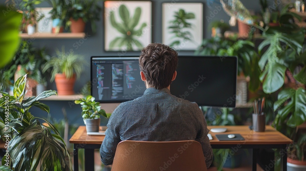 Poster a man sits at a wooden desk, focused on coding across two sleek monitors. lush plants decorate the v