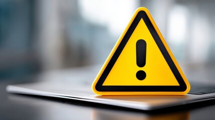 Yellow and black warning sign is on top of a laptop. The sign is pointing to the laptop, as if to say that something is wrong with it. Scene is serious and cautionary