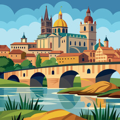 Fototapeta premium Cathedral of-Salamanca-and-bridge-over tormes river 