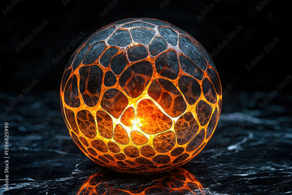 Poster an intriguing sphere glows with fiery orange light, encased in a dark, cracked shell on a reflective