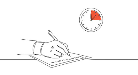 Hand writing notes with a clock displaying urgency  