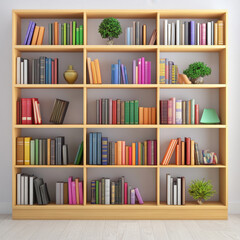 Fototapeta premium Modern Wooden Bookshelf Filled with Colorful Books and Decor Items