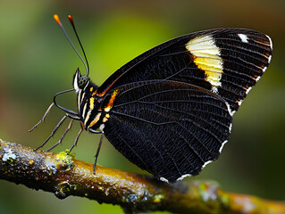 Butterfly on a branch with black wings yellow markings and delicate details in a natural setting