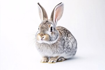 Fototapeta premium A curious grey bunny sits attentively against a bright white background, showcasing its soft fur and endearing expression.