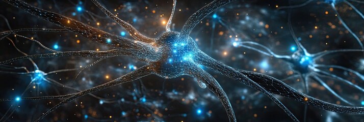 Naklejka premium A neural network visualization with connected nodes and blue lights