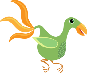Happy green bird with long feathers