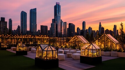 Obraz premium Urban rooftop garden with glass greenhouses at sunset, showcasing vibrant plants and city skyline