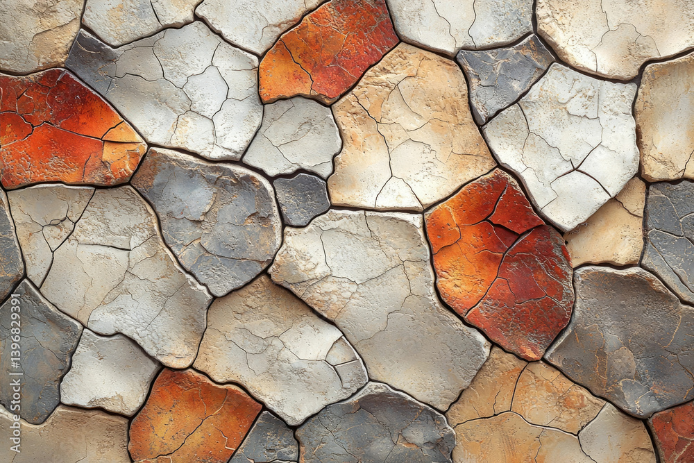 Poster mosaic rock wall background with an array of orange, grey, and beige stones forming an organic abstr