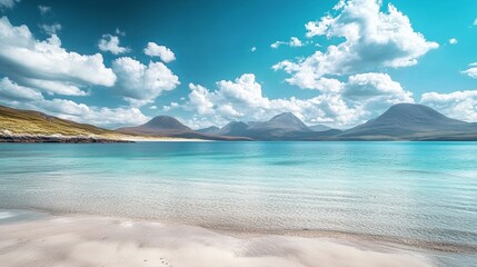 A serene beach scene with turquoise water mountains and a cloudy sky creating a peaceful landscape