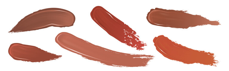 Dark skin foundation swatch set - brown liquid makeup smudges, smears of cosmetic product samples. Variety of deep cocoa tones smooth strokes collection for beauty brand, shades palette for matching.