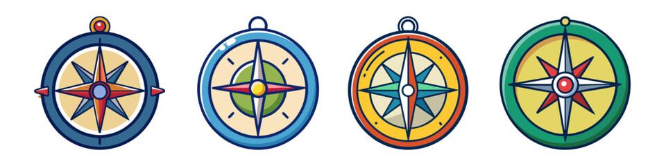 Collection of Colorful Cartoon Compass Icons for Navigation and Exploration © Zubaraj