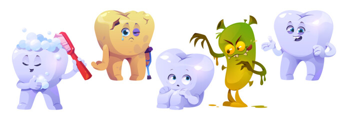 Cartoon tooth characters for kids dental hygiene concept - happy smiling healthy teeth, sick and scary of bacteria with angry expressions. Children friendly illustration to make oral care fun.