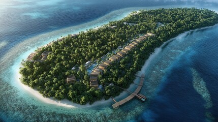 the Maldives reveals luxury resorts on stilts, wooden piers extending across the sparkling waters, and lush greenery on the islands.