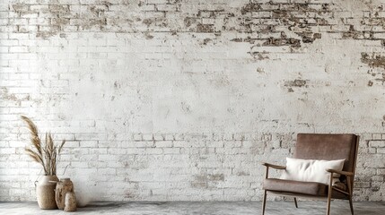 weathered white-painted brick wall adds texture and character, creating a vintage, timeless ambiance that works well in modern design settings.