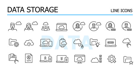 Data storage vector icons set. Cloud virtual file backup, upload and download, secure access