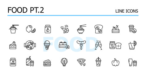 Groceries shopping for fruits, vegetables, fast food and ready meals. Vector icons set