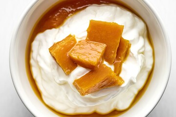 homemade yogurt topped with pieces of pumpkin marmalade