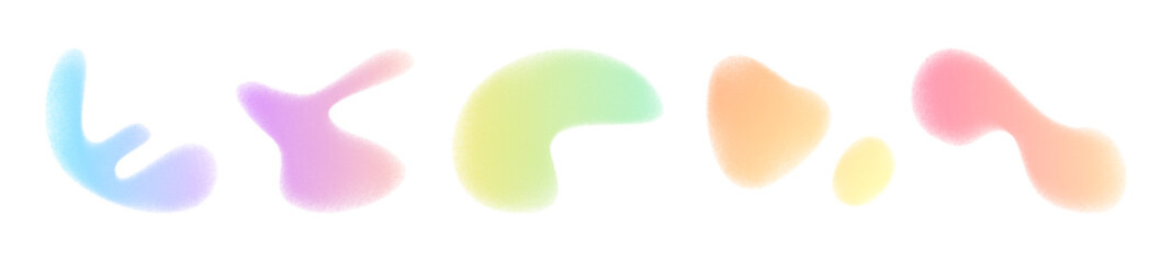 Colorful y2k abstract organic shapes set with noise texture - smooth fluid blobs, liquid splashes blotches, forms. Pastel gradient retro graphic elements. Minimalist vintage decorative illustrations.