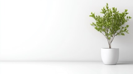A green leafy plant in a white ceramic pot sitting on a minimalist white shelf, and modern interior design with clean lines and simplicity.
