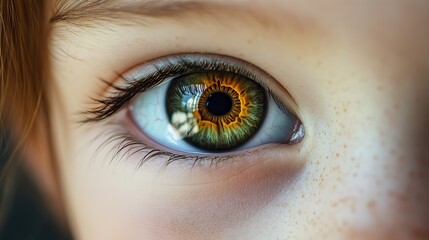 Fototapeta premium A close up of a human eye with green and orange color and eyelashes in a detailed macro shot