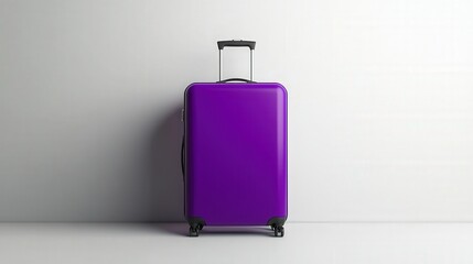 bold purple suitcase with a sleek and minimal design contrasts against the clean white backdrop, capturing a modern look.