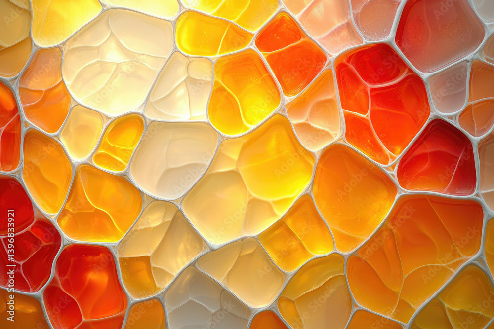 Poster Abstract cellular pattern with warm tones of yellow, orange, and red, illuminated from behind, creating a luminous effect.