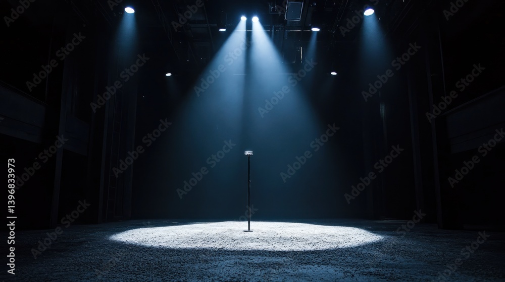 Aufkleber single microphone on stage illuminated by spotlights in a dark room.