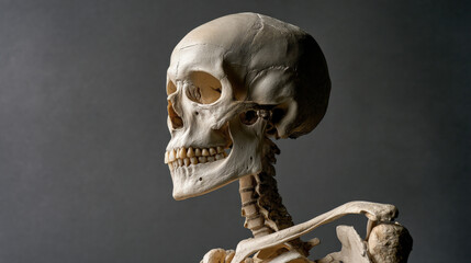 A high-resolution side-view photo of a human skeleton leaning slightly forward, bone surface showing light weathering and beige tint, illuminated by soft ambient light from the left