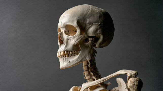 A high-resolution side-view photo of a human skeleton leaning slightly forward, bone surface showing light weathering and beige tint, illuminated by soft ambient light from the left