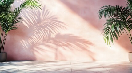 pastel wall adorned with palm leaf shadows reflects the peacefulness of a tropical summer, creating a subtle beach backdrop in an empty room.