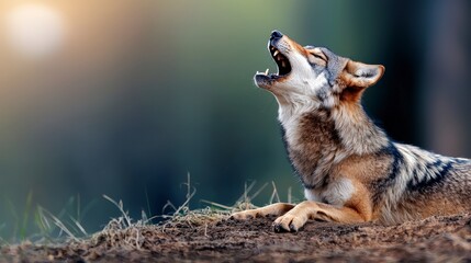 Majestic wolf howling in the forest with a dramatic sunset background illuminating fur and surrounding nature