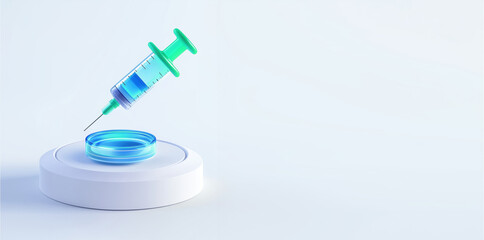 3D icon of an animated syringe flying on top of a miniature stand