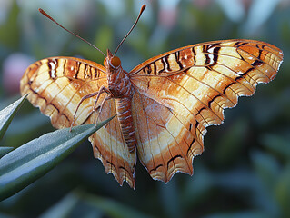 Butterfly rests wings open on a leaf showcasing golden brown and white wings with black patterns