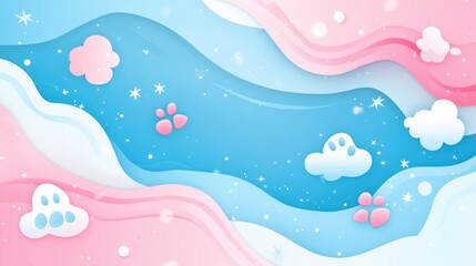 Pastel pink and blue wavy background with clouds and paw prints.