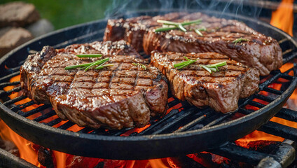 Close-up of a barbecue grill with sizzling beef steaks.
