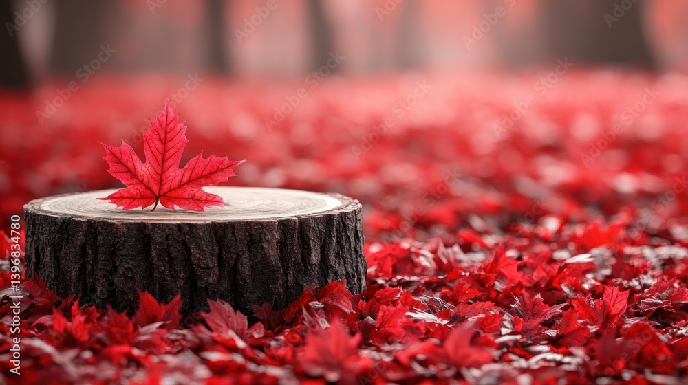 Poster single red maple leaf on a tree stump in a forest of red autumn leaves.