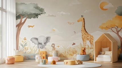 minimalist style featuring animal figures such as lions, elephants, and giraffes, adding fun and tranquility to the children's room.