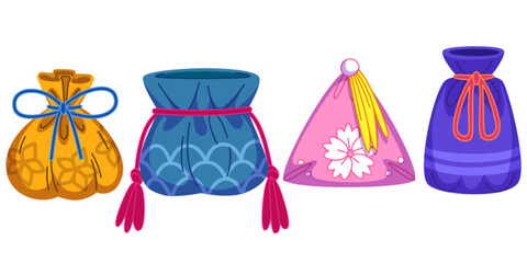 Asian lucky bags set isolated on white background. Vector cartoon illustration of traditional Chinese sacks decorated with color ropes, New Year festive symbol of wealth, money pocket, gift package