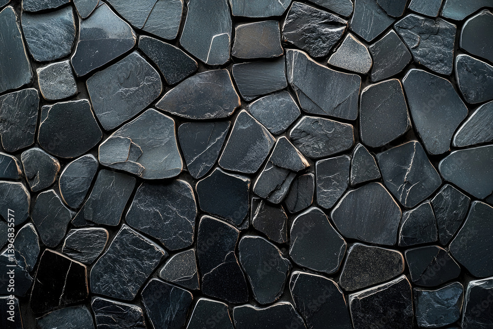 Poster a mosaic of dark, polished stones creates a textured and elegant surface pattern. a visually strikin