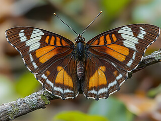 Fototapeta premium Butterfly spread wings on a twig orange brown white details antenna body detail blurred background